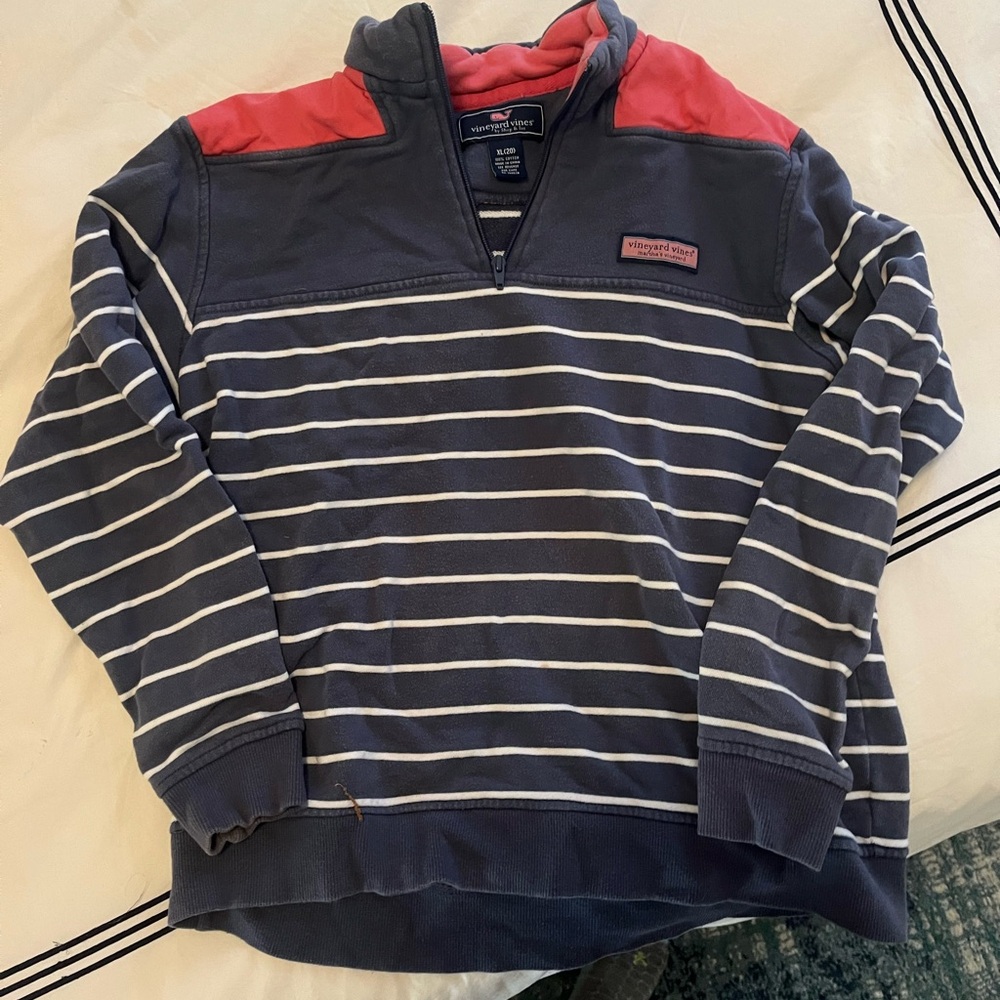 Blue and white striped shep shirt red shoulder boys xL